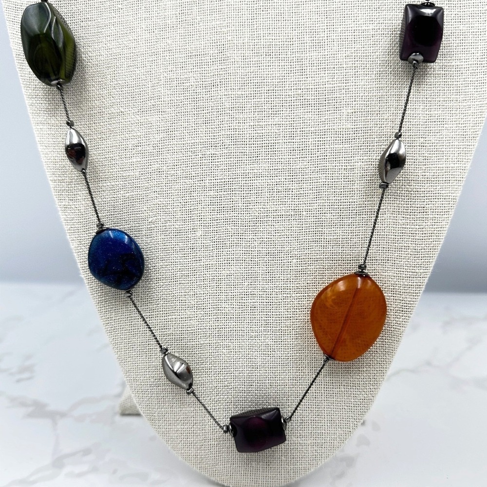 Vintage Gunmetal Tone Long Station Necklace Multi Color Chunky Stone Resin Beads